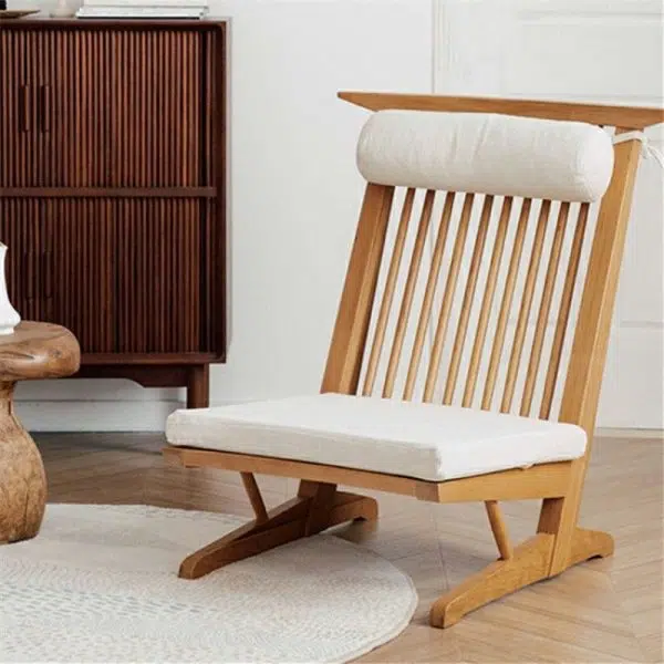 Traditional Japanese Rectangular Solid Wood Linen Accent Chair Backrest For Living Room - Image 9