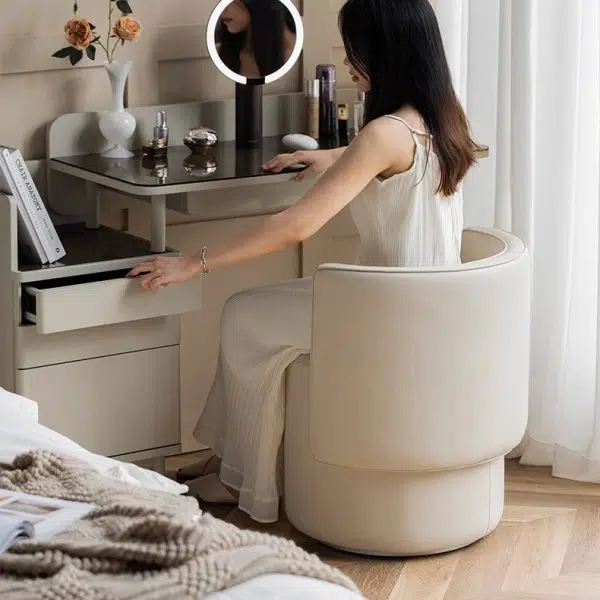Contemporary Nordic Cylinder Microfiber Leather Aluminum Wood Vanity Stool Backrest For Bedroom - Image 11