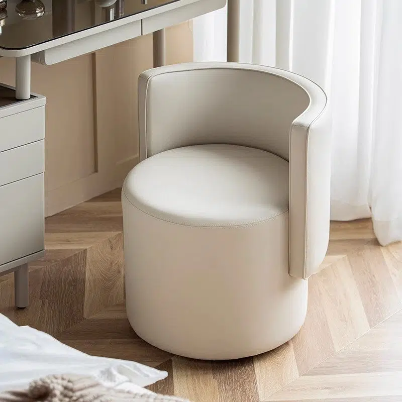 DFM-Chair-FP01514-19.jpg Contemporary Nordic Cylinder Microfiber Leather Aluminum Wood Vanity Stool Backrest For Bedroom - Image 1