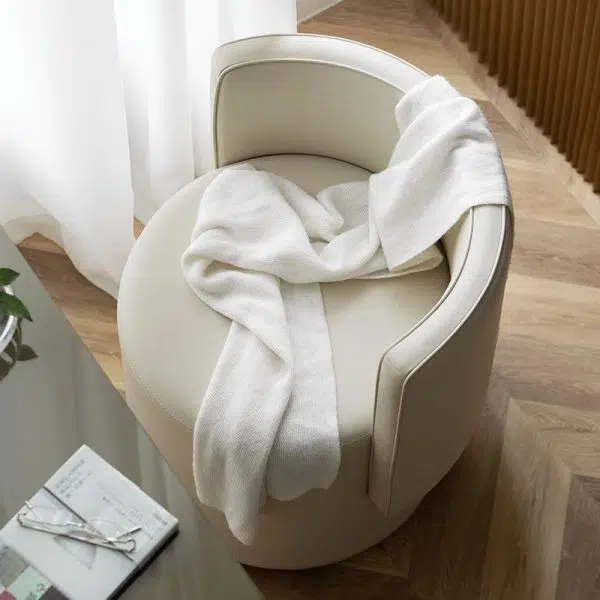 Contemporary Nordic Cylinder Microfiber Leather Aluminum Wood Vanity Stool Backrest For Bedroom - Image 3