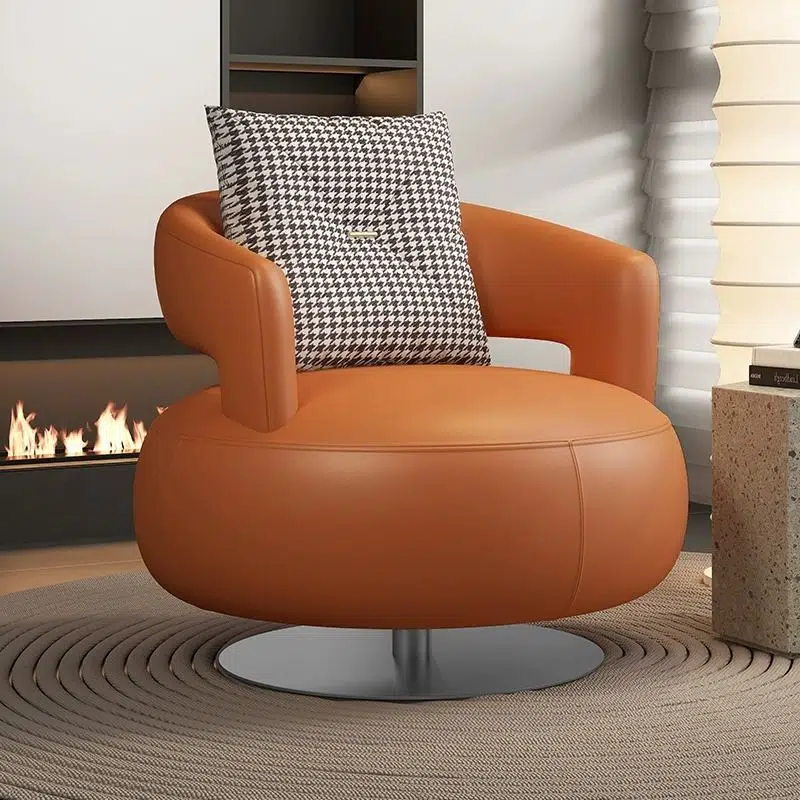 DFM-Chair-FP01603-1.jpg Modern Luxury Round Leather Solid Wood Stainless Steel Accent Chair Backrest Armrest For Living Room - Image 1