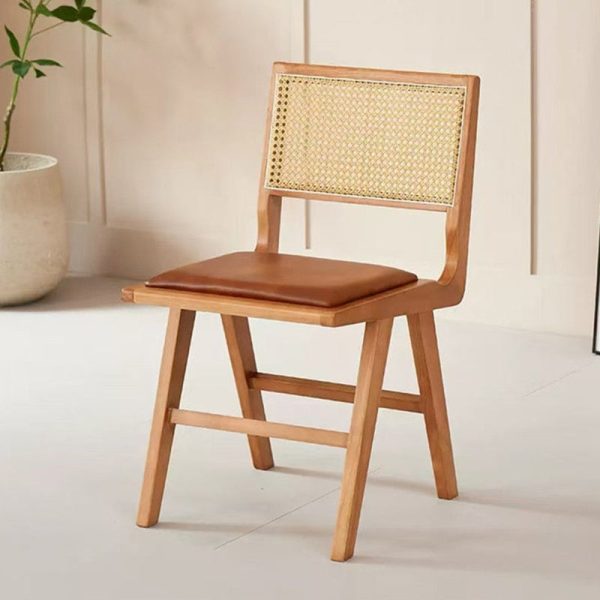 Contemporary Nordic H-Shaped Rubberwood Rattan Weaving Leather Sponge Dining Chair Backrest Armless For Dining Room - Image 6
