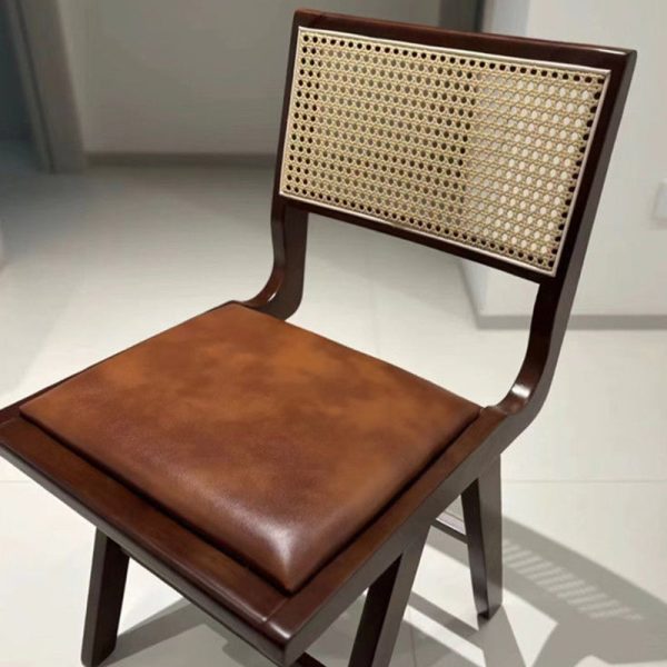 Contemporary Nordic H-Shaped Rubberwood Rattan Weaving Leather Sponge Dining Chair Backrest Armless For Dining Room - Image 5