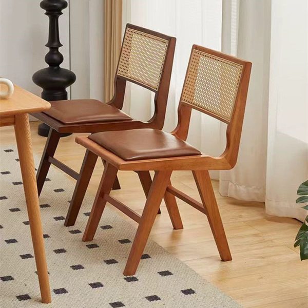Contemporary Nordic H-Shaped Rubberwood Rattan Weaving Leather Sponge Dining Chair Backrest Armless For Dining Room - Image 2