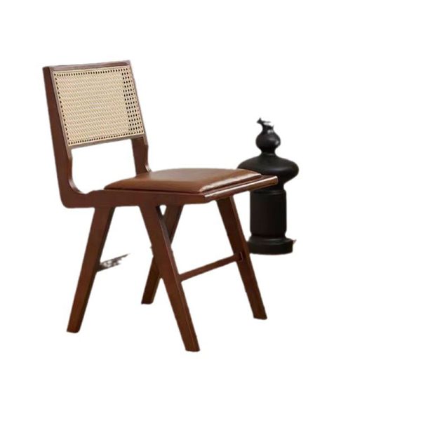 Contemporary Nordic H-Shaped Rubberwood Rattan Weaving Leather Sponge Dining Chair Backrest Armless For Dining Room - Image 8
