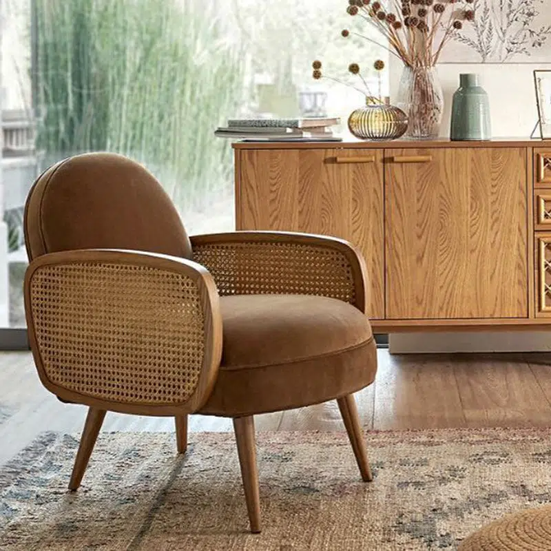 DFM-Chair-FW01643-11.jpg Traditional Japanese Half Round Curved Lambswool Rattan Accent Chair Backrest Armrest For Living Room - Image 1