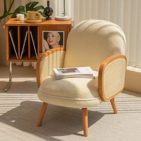 Traditional Japanese Half Round Curved Lambswool Rattan Accent Chair Backrest Armrest For Living Room - Image 3