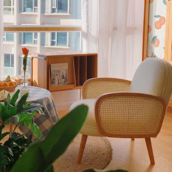 Traditional Japanese Half Round Curved Lambswool Rattan Accent Chair Backrest Armrest For Living Room - Image 7