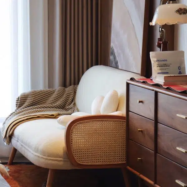 Traditional Japanese Half Round Curved Lambswool Rattan Accent Chair Backrest Armrest For Living Room - Image 9