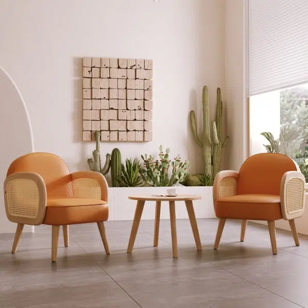 Contemporary Scandinavian Half Round Square Round Smooth Lambswool Leather Solid Wood Accent Chair Backrest Armrest For Living Room - Image 3