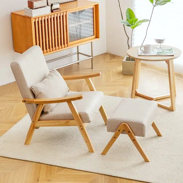 Traditional Japanese Bent Rectangular Square Trapezoidal Cat Scratch Leather Solid Wood Accent Chair Backrest Armrest For Living Room - Image 2