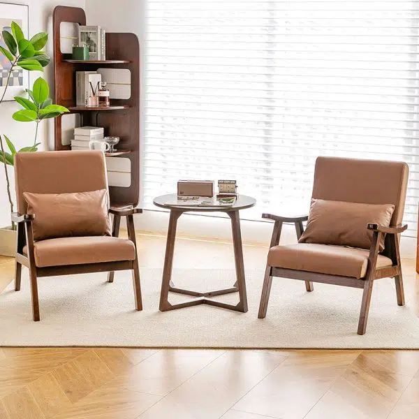 Traditional Japanese Bent Rectangular Square Trapezoidal Cat Scratch Leather Solid Wood Accent Chair Backrest Armrest For Living Room - Image 3