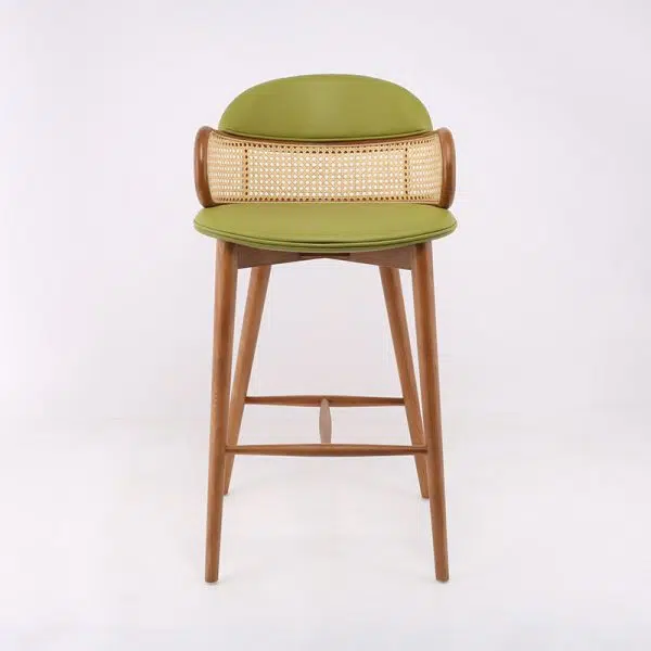 Contemporary Scandinavian Curved Half Round Curved Leather Ash Wood Rattan Bar Stool Backrest For Dining Room - Image 10