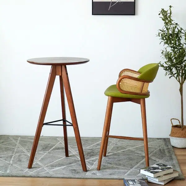 Contemporary Scandinavian Curved Half Round Curved Leather Ash Wood Rattan Bar Stool Backrest For Dining Room - Image 3