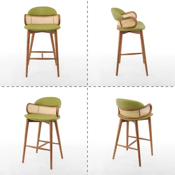 Contemporary Scandinavian Curved Half Round Curved Leather Ash Wood Rattan Bar Stool Backrest For Dining Room - Image 9