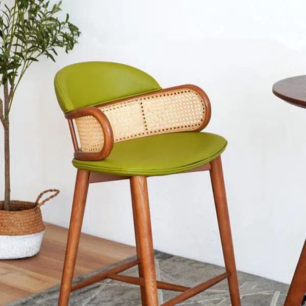 Contemporary Scandinavian Curved Half Round Curved Leather Ash Wood Rattan Bar Stool Backrest For Dining Room - Image 8