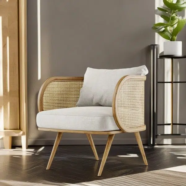 Contemporary Scandinavian Square Bent Half Round Fabric Rattan Wood Accent Chair Backrest Armrest For Living Room - Image 3