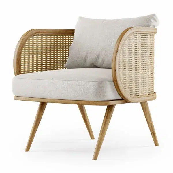 Contemporary Scandinavian Square Bent Half Round Fabric Rattan Wood Accent Chair Backrest Armrest For Living Room - Image 5