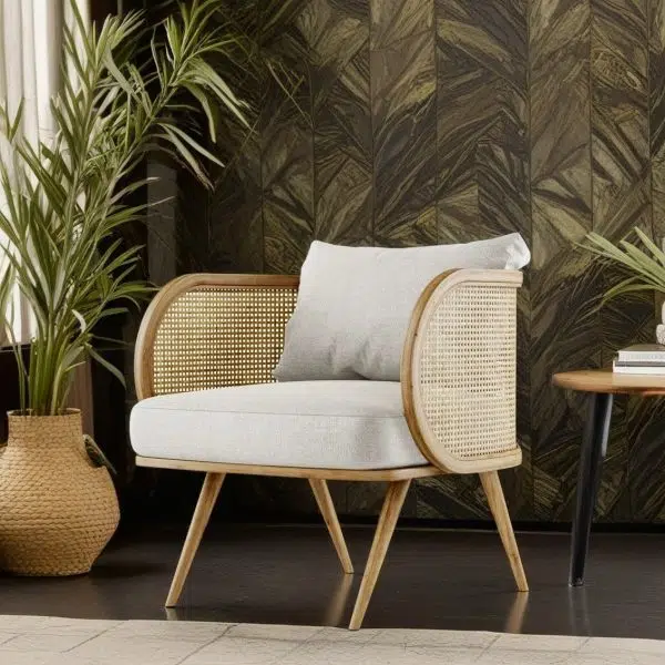 Contemporary Scandinavian Square Bent Half Round Fabric Rattan Wood Accent Chair Backrest Armrest For Living Room - Image 2