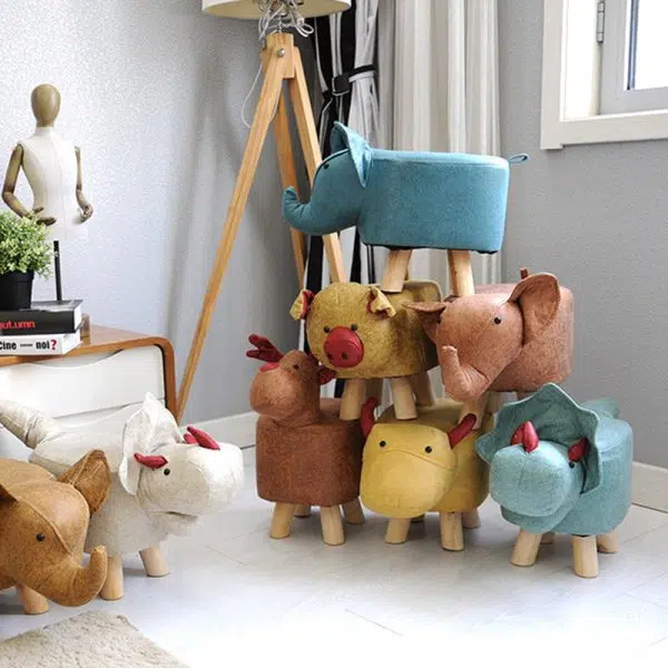 Contemporary Creative Kids Fabric Wood Sponge Animal Elephant Footstool For Entryway - Image 2
