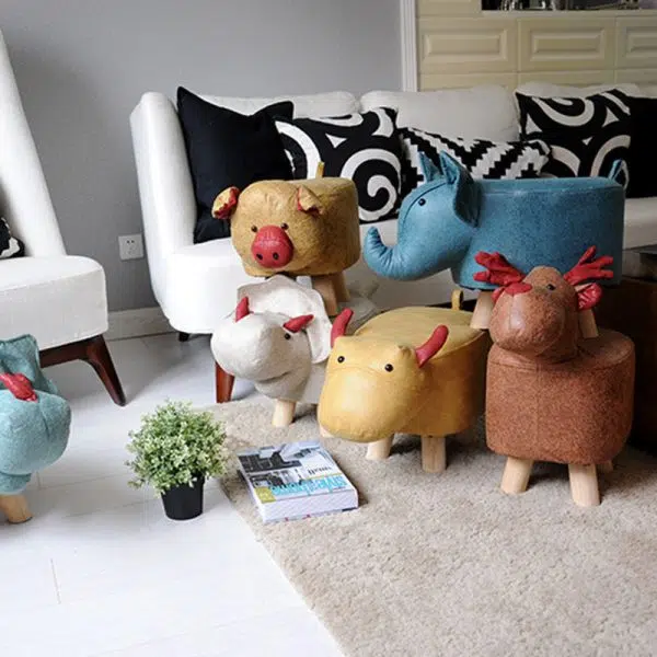 Contemporary Creative Kids Fabric Wood Sponge Animal Elephant Footstool For Entryway - Image 14