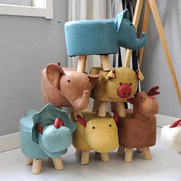 Contemporary Creative Kids Fabric Wood Sponge Animal Elephant Footstool For Entryway - Image 4