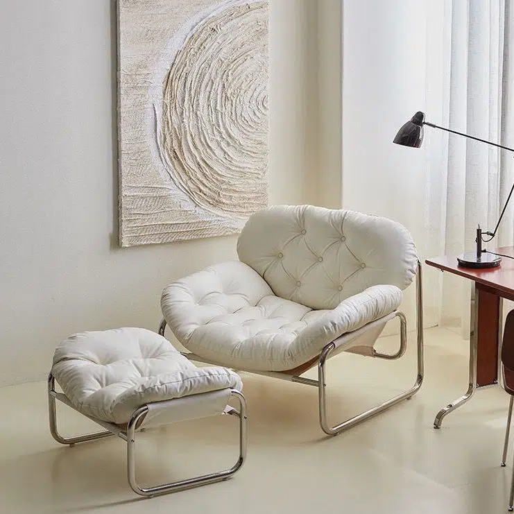 DFM-Chair-FX01214-15.jpg Contemporary Retro Leather Fabric Stainless Steel Rectangular Cloud Accent Chair Backrest Adjustable Footrest For Living Room - Image 1