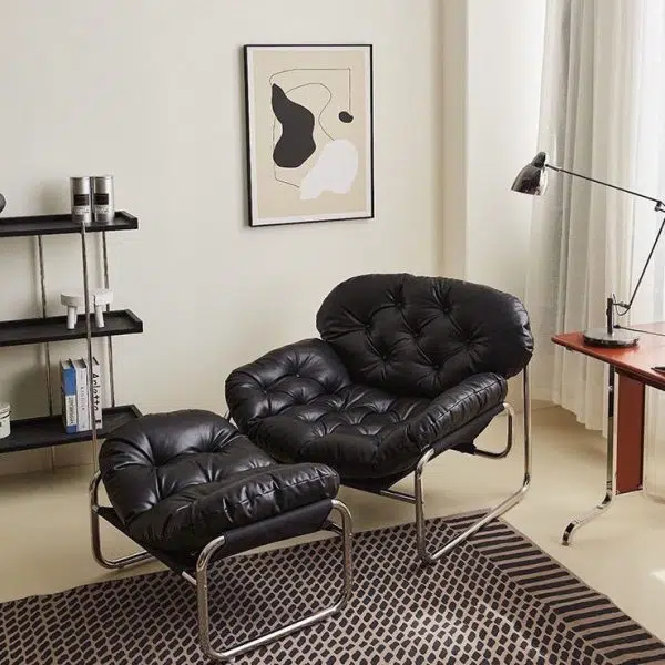 Contemporary Retro Leather Fabric Stainless Steel Rectangular Cloud Accent Chair Backrest Adjustable Footrest For Living Room - Image 3