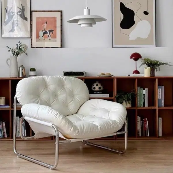 Contemporary Retro Leather Fabric Stainless Steel Rectangular Cloud Accent Chair Backrest Adjustable Footrest For Living Room - Image 15