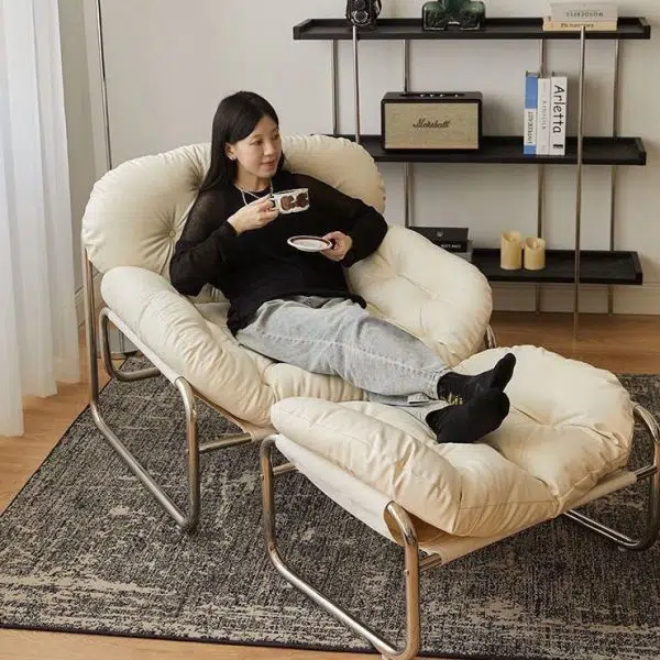 Contemporary Retro Leather Fabric Stainless Steel Rectangular Cloud Accent Chair Backrest Adjustable Footrest For Living Room - Image 20