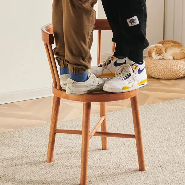 Contemporary Nordic Weaving Rattan Rubber Wood Round Stripe Hollowed Dining Chair Backrest For Dining Room - Image 13