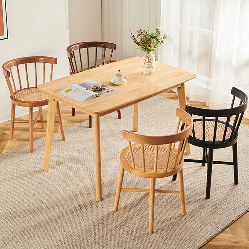 DFM-Chair-FX01216-14.jpg Contemporary Nordic Weaving Rattan Rubber Wood Round Stripe Hollowed Dining Chair Backrest For Dining Room - Image 1