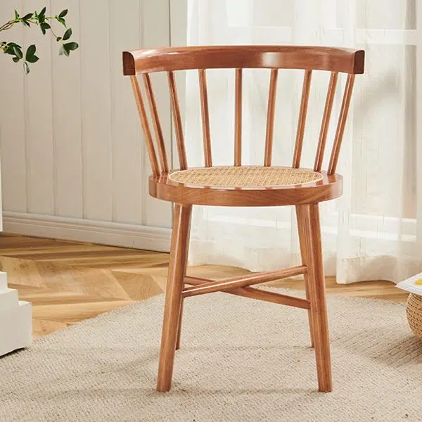 Contemporary Nordic Weaving Rattan Rubber Wood Round Stripe Hollowed Dining Chair Backrest For Dining Room - Image 4