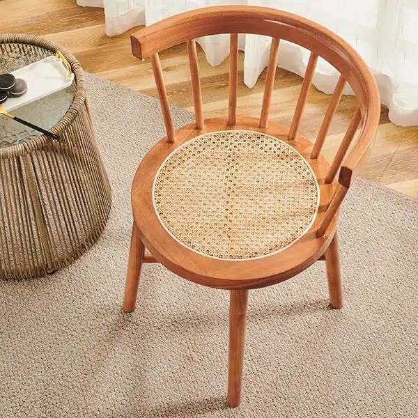 Contemporary Nordic Weaving Rattan Rubber Wood Round Stripe Hollowed Dining Chair Backrest For Dining Room - Image 12