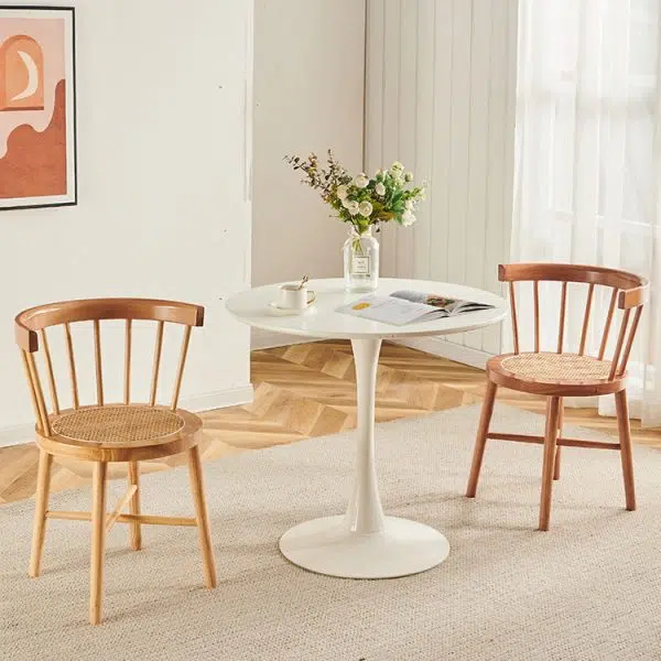 Contemporary Nordic Weaving Rattan Rubber Wood Round Stripe Hollowed Dining Chair Backrest For Dining Room - Image 3