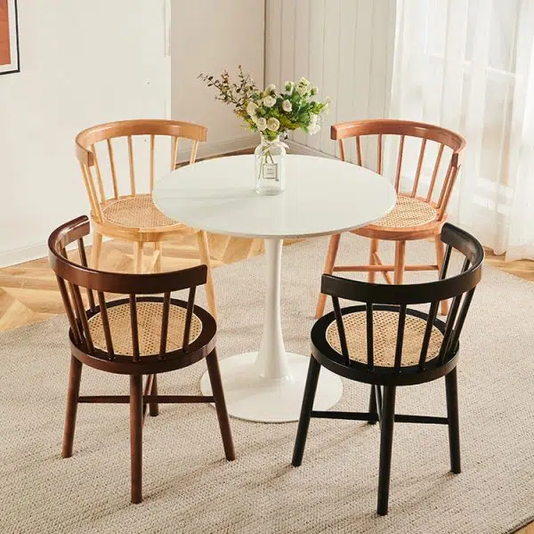 Contemporary Nordic Weaving Rattan Rubber Wood Round Stripe Hollowed Dining Chair Backrest For Dining Room - Image 2