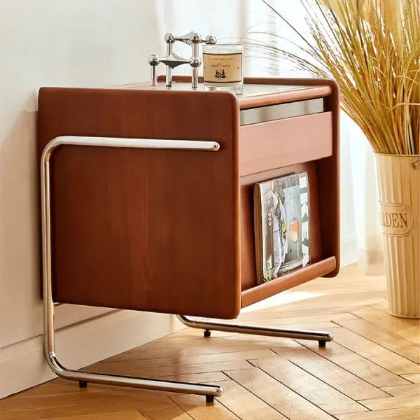 Contemporary Creative Pine Stainless Steel Curved Square Nightstand With 2 Drawers For Bedroom - Image 3