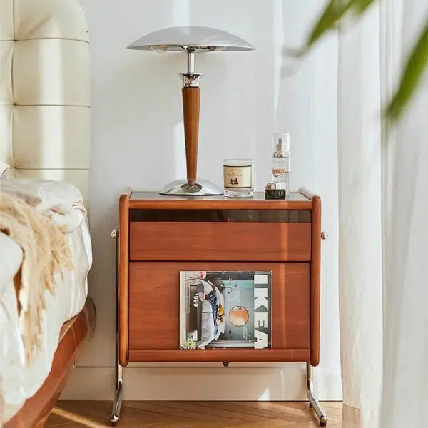 Contemporary Creative Pine Stainless Steel Curved Square Nightstand With 2 Drawers For Bedroom - Image 18