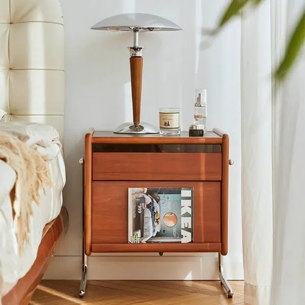 Contemporary Creative Pine Stainless Steel Curved Square Nightstand With 2 Drawers For Bedroom - Image 2