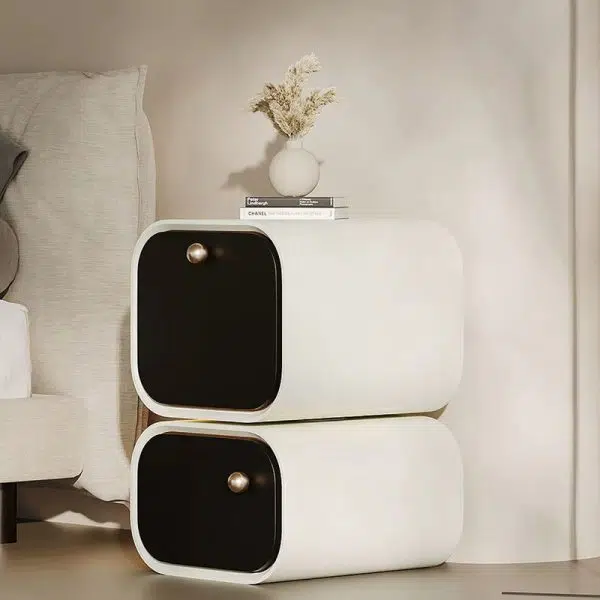 Contemporary Nordic Eco Lacquered High-Density Board Rectangular 2-Drawer Nightstand With Rotating Design For Bedroom - Image 2