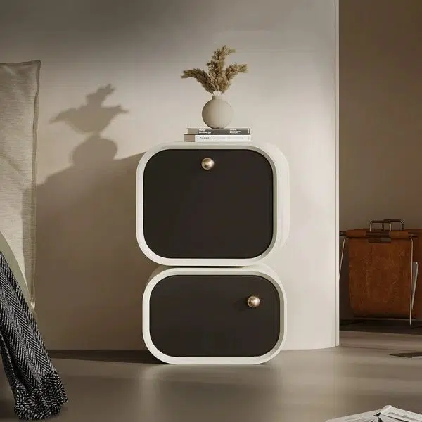 Contemporary Nordic Eco Lacquered High-Density Board Rectangular 2-Drawer Nightstand With Rotating Design For Bedroom - Image 3