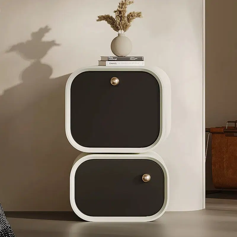 DFM-Table-BM01345-2.jpg Contemporary Nordic Eco Lacquered High-Density Board Rectangular 2-Drawer Nightstand With Rotating Design For Bedroom - Image 1