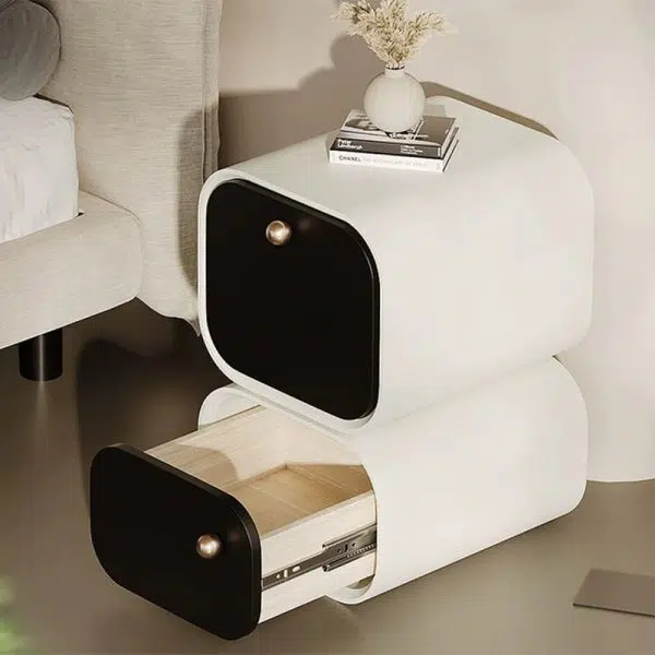 Contemporary Nordic Eco Lacquered High-Density Board Rectangular 2-Drawer Nightstand With Rotating Design For Bedroom - Image 12