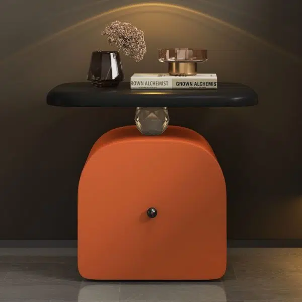 Contemporary Nordic Leather & Wood Curved Nightstand With 1-Drawer For Bedroom - Image 2