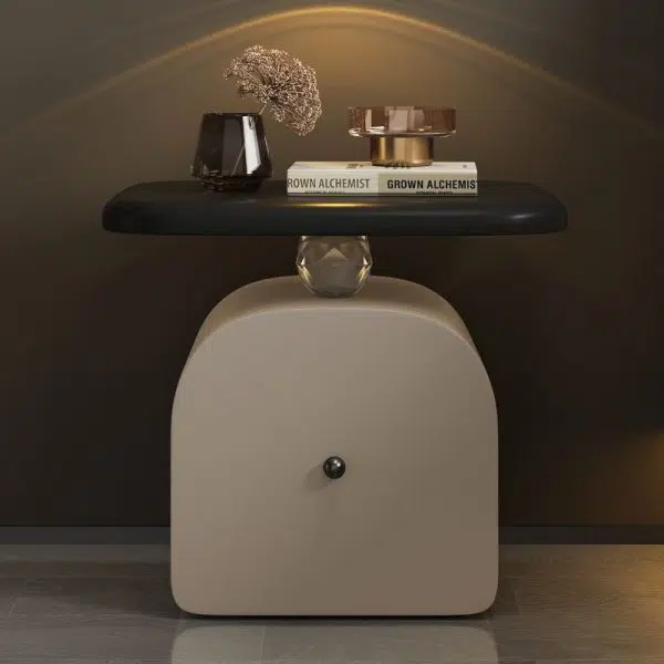 Contemporary Nordic Leather & Wood Curved Nightstand With 1-Drawer For Bedroom - Image 8