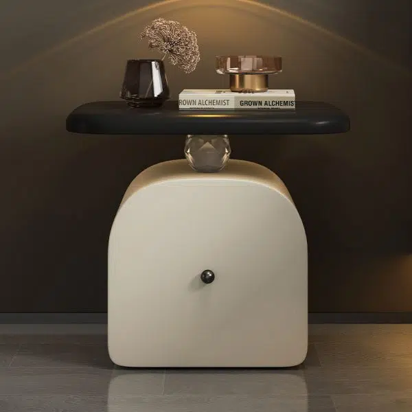 Contemporary Nordic Leather & Wood Curved Nightstand With 1-Drawer For Bedroom - Image 9