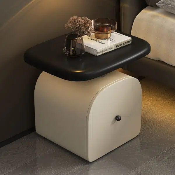 Contemporary Nordic Leather & Wood Curved Nightstand With 1-Drawer For Bedroom - Image 3
