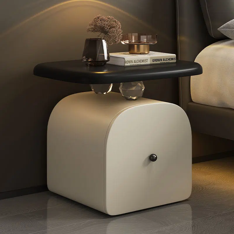 DFM-Table-BM01383-8.jpg Contemporary Nordic Leather & Wood Curved Nightstand With 1-Drawer For Bedroom - Image 1