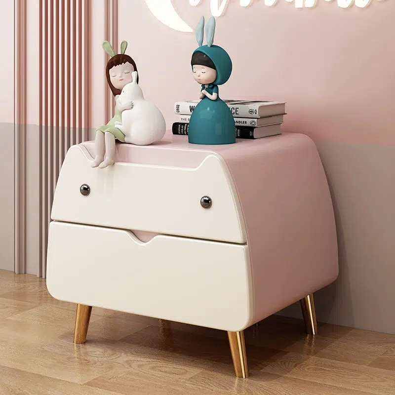 DFM-Table-BM01434-1.jpg Contemporary Creative Microfiber Leather, Wood & Carbon Steel Cat-Shaped Nightstand With 2-Drawer For Kids' Bedroom - Image 1