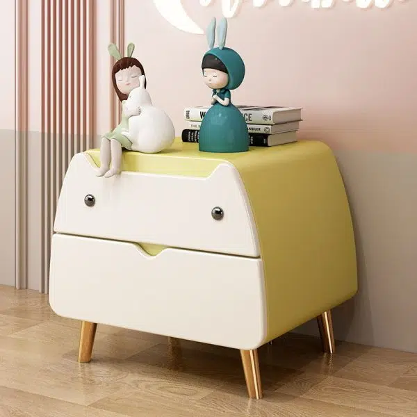 Contemporary Creative Microfiber Leather, Wood & Carbon Steel Cat-Shaped Nightstand With 2-Drawer For Kids' Bedroom - Image 3